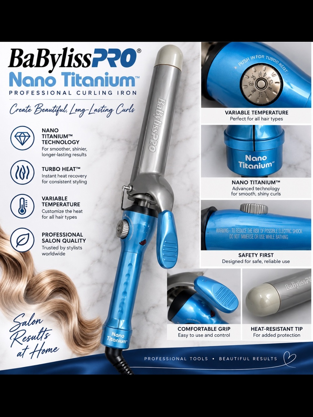 BaBylissPRO Nano Titanium Curling Iron in Bright Blue and Silver